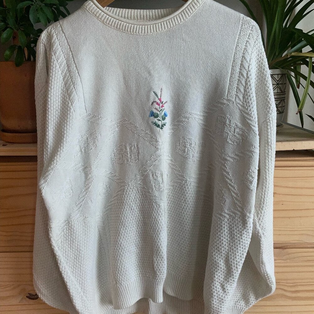 Vintage Embroidered Isle of Cotton Cable Knit Grandma Sweater USA Made ~ Sz XL